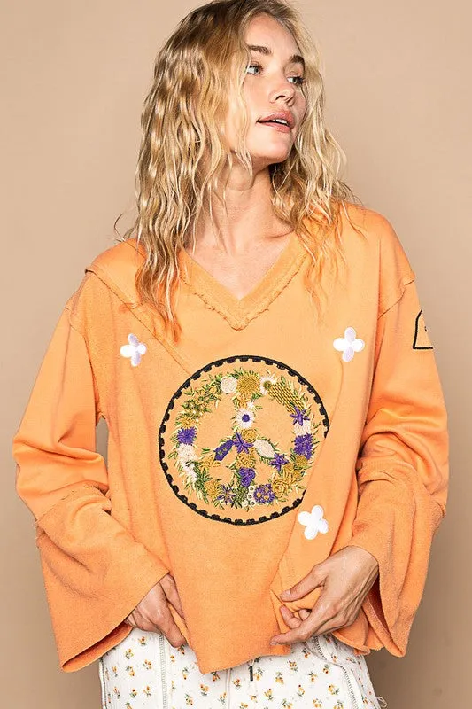 MQTIME  -  POL Peace Embroidered Exposed Seam Back Ruffle V-Neck Top
