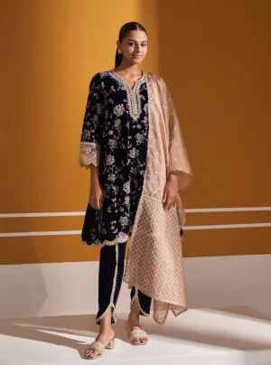 Mulmul Velvet Imani Navy Kurta With Mulmul Velevt Imani Navy Dhoti Pant