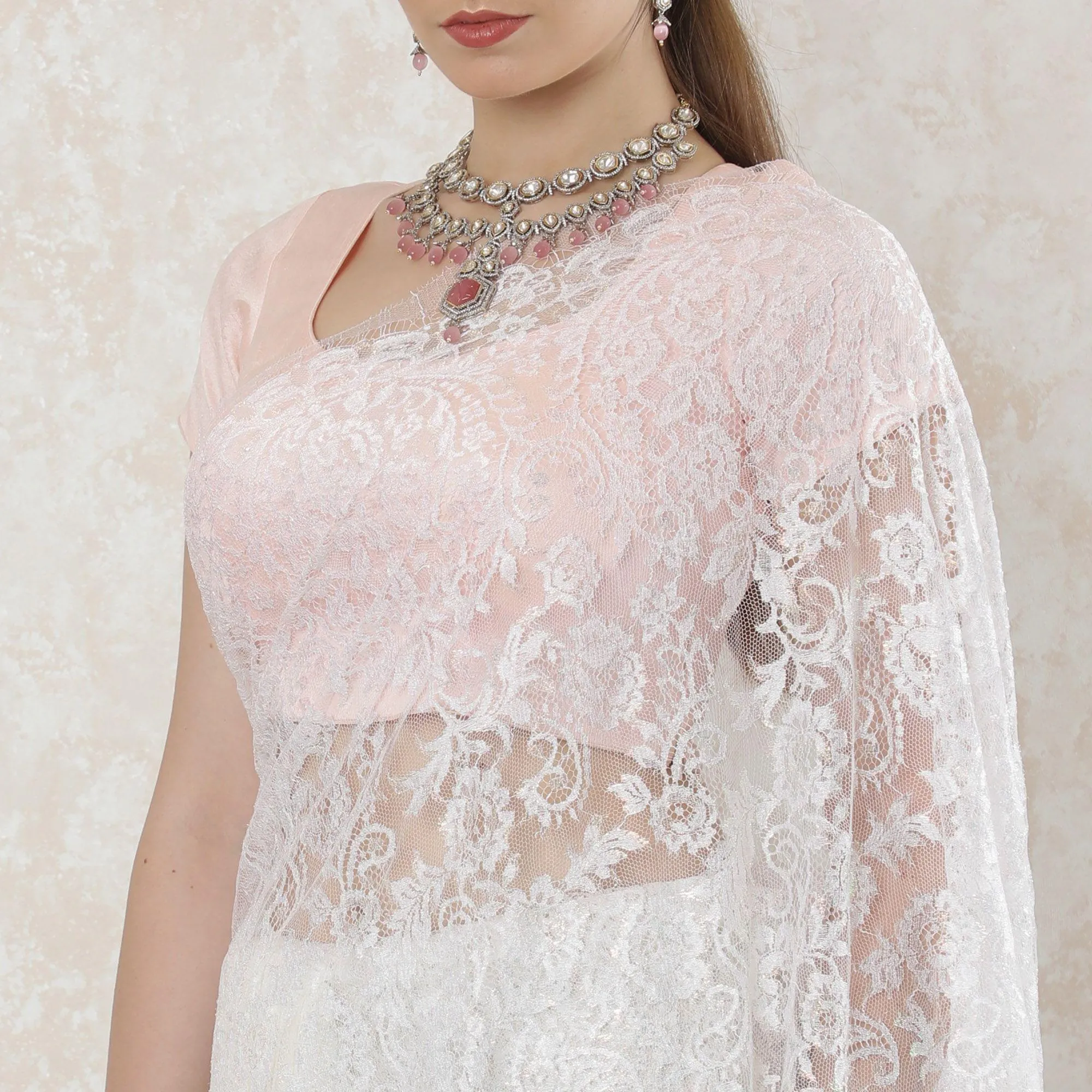 Off white premium French chantilly lace saree with multicolor metallic lurex in floral design-D11459