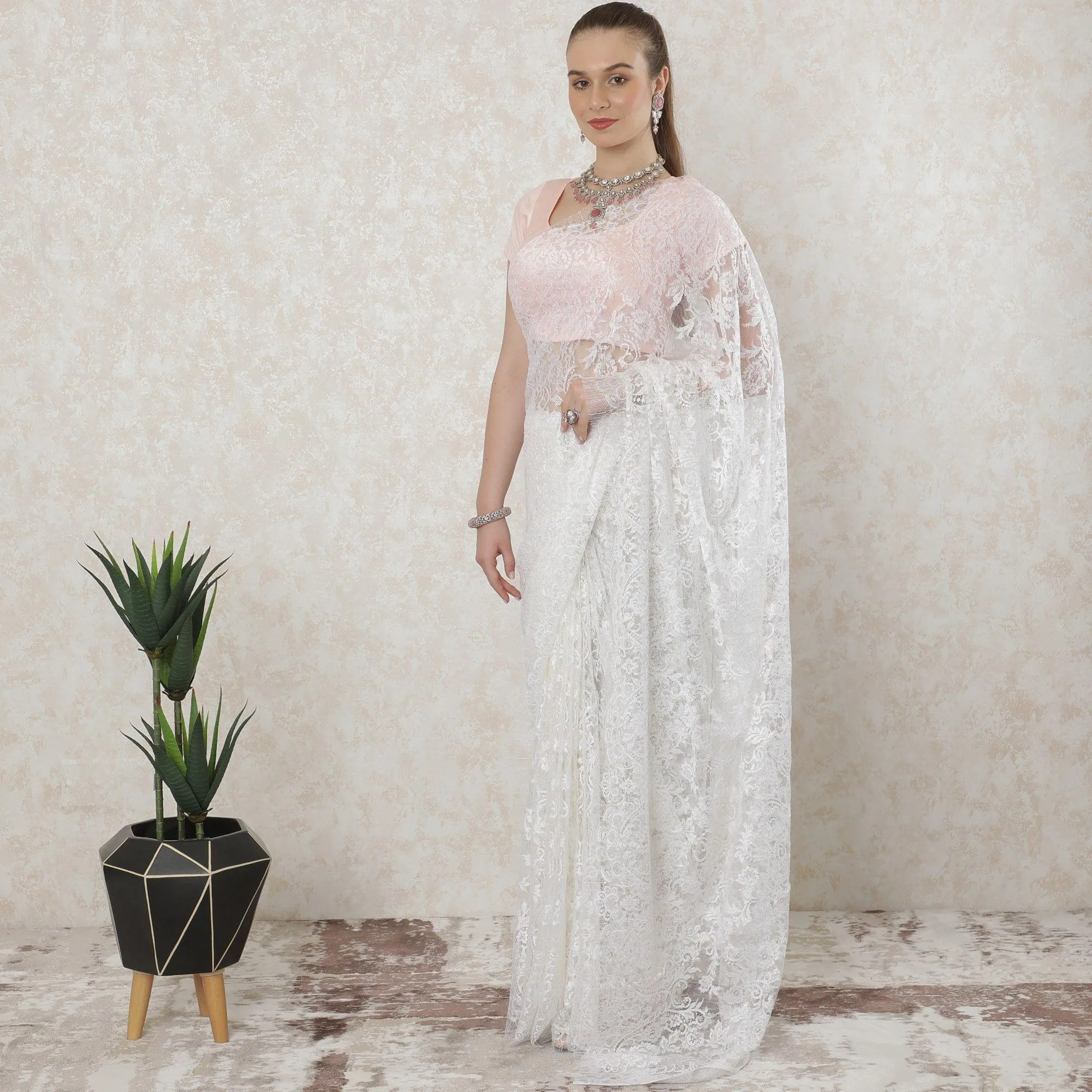 Off white premium French chantilly lace saree with multicolor metallic lurex in floral design-D11459