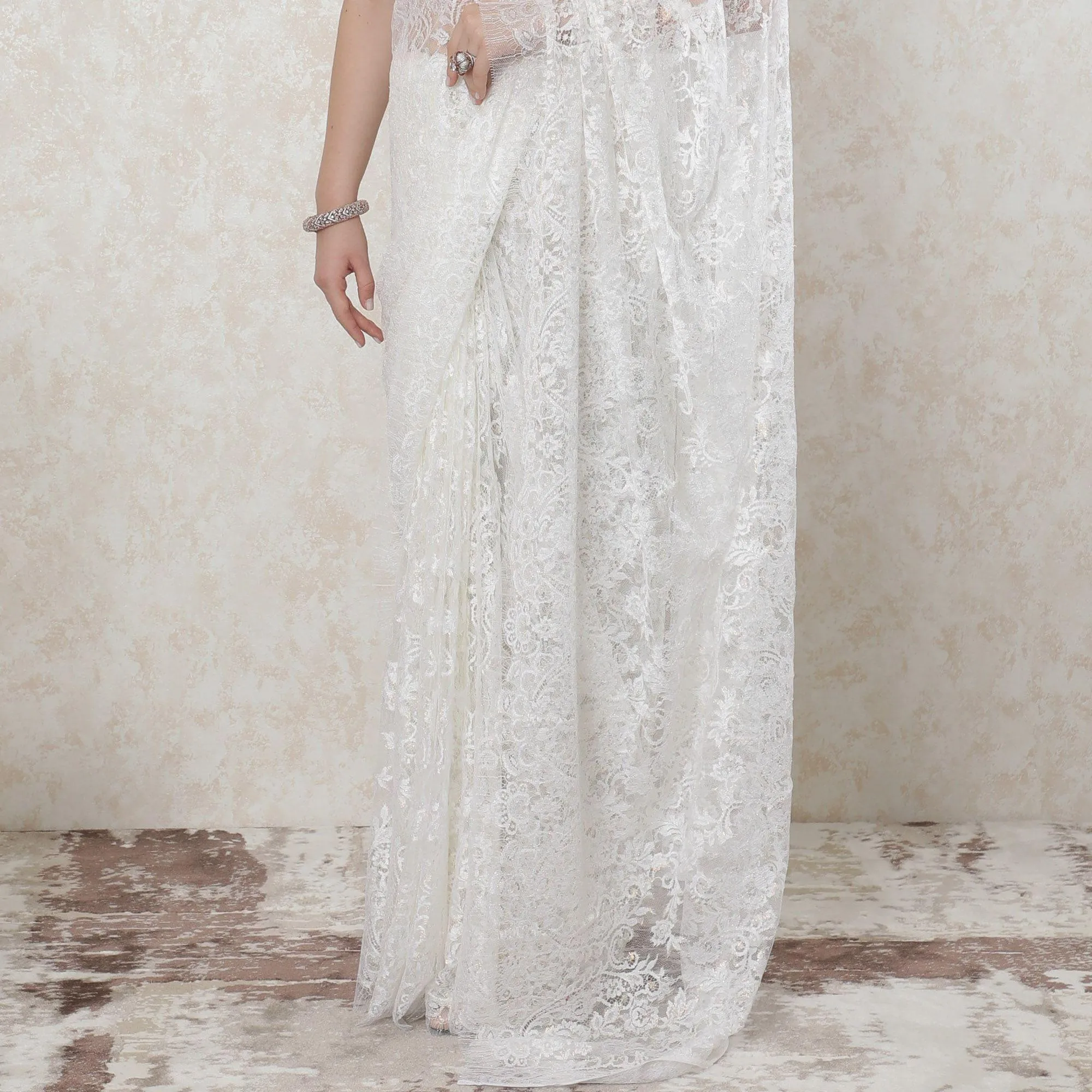 Off white premium French chantilly lace saree with multicolor metallic lurex in floral design-D11459