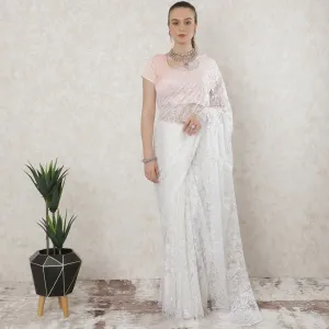 Off white premium French chantilly lace saree with multicolor metallic lurex in floral design-D11459