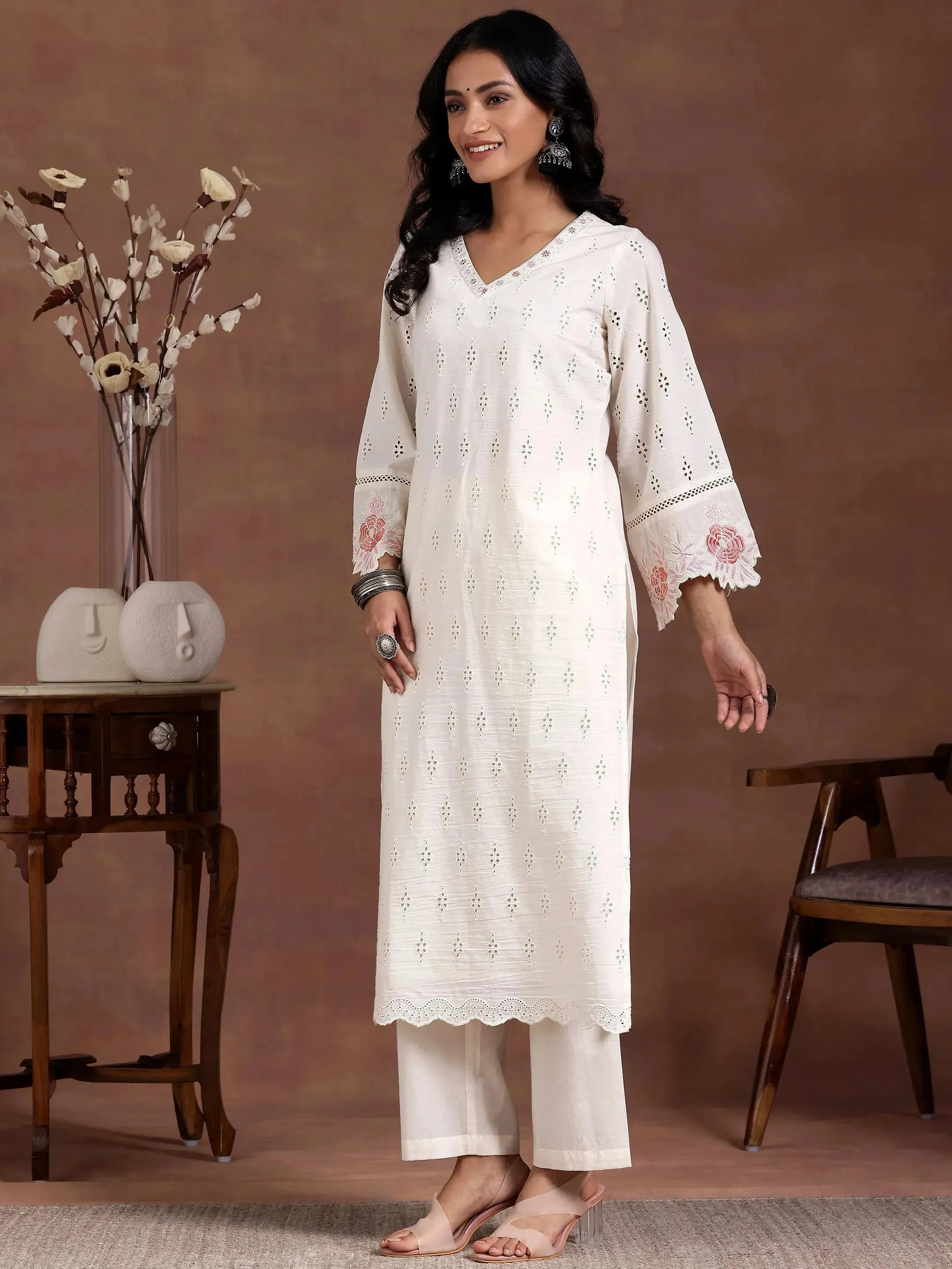 Off white Self Design Cotton Straight Suit With Dupatta