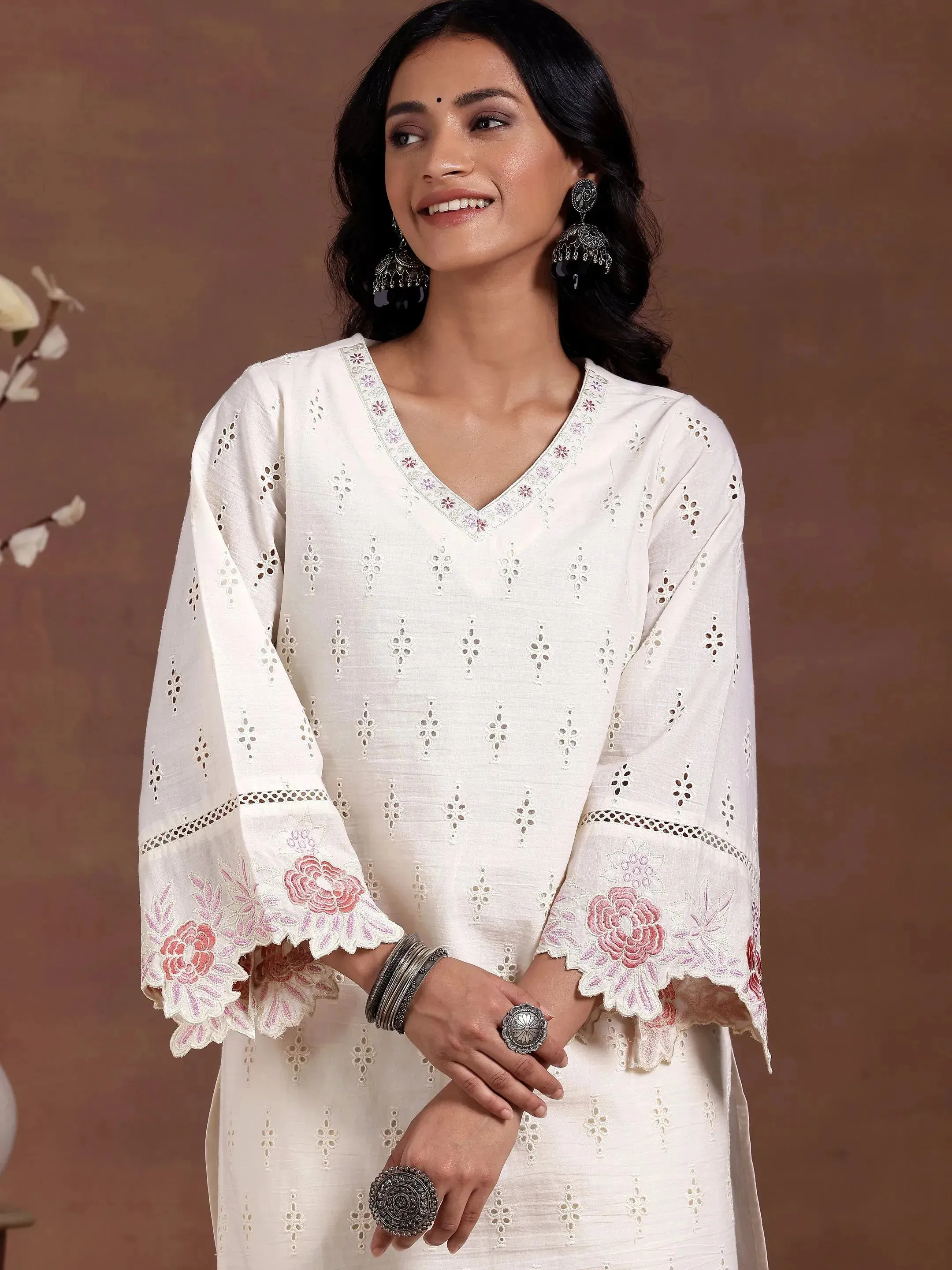 Off white Self Design Cotton Straight Suit With Dupatta