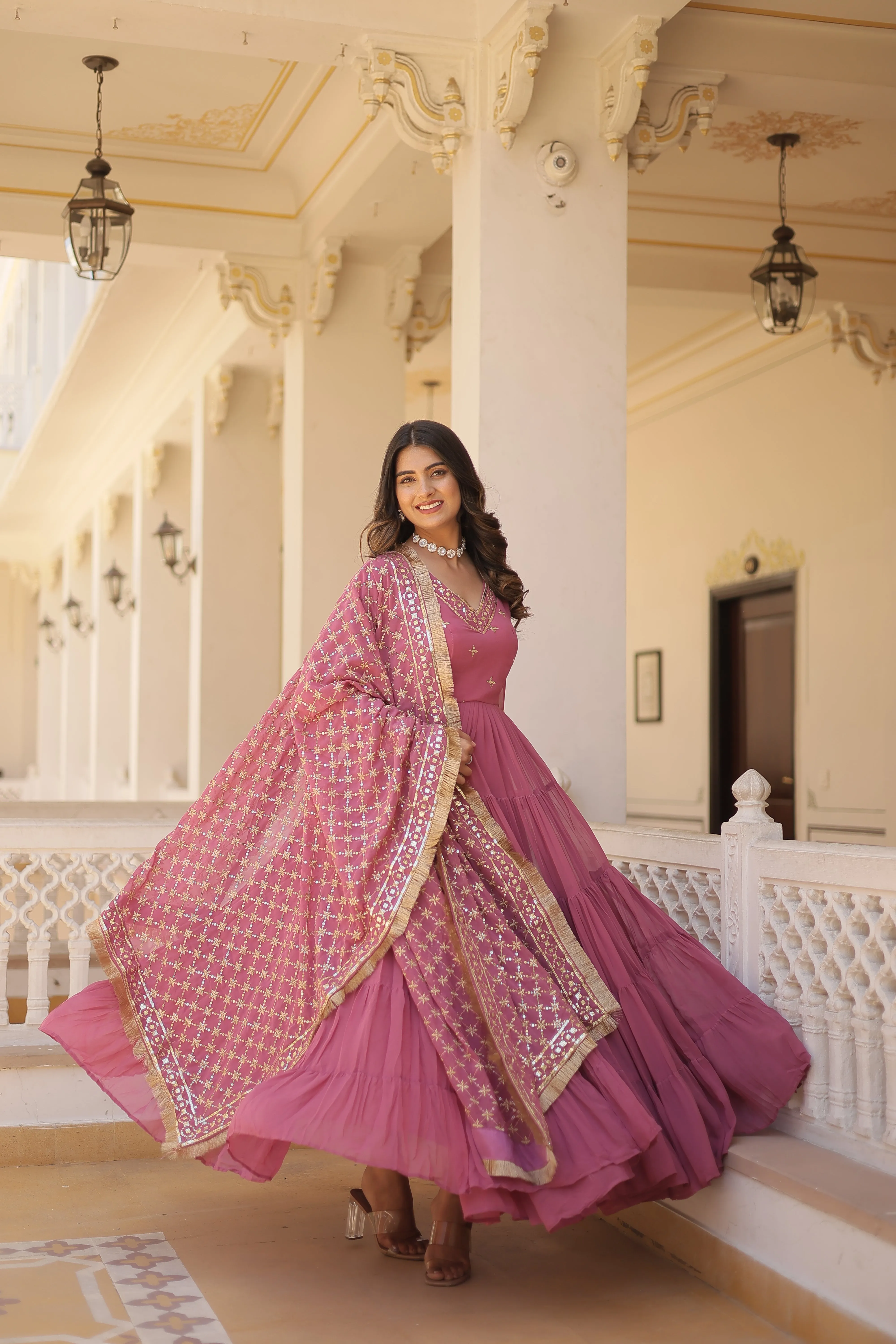 PARTY WEAR WOMEN'S FLARED GOWN WITH SEQUINS EMBROIDERED DUPATTA SET