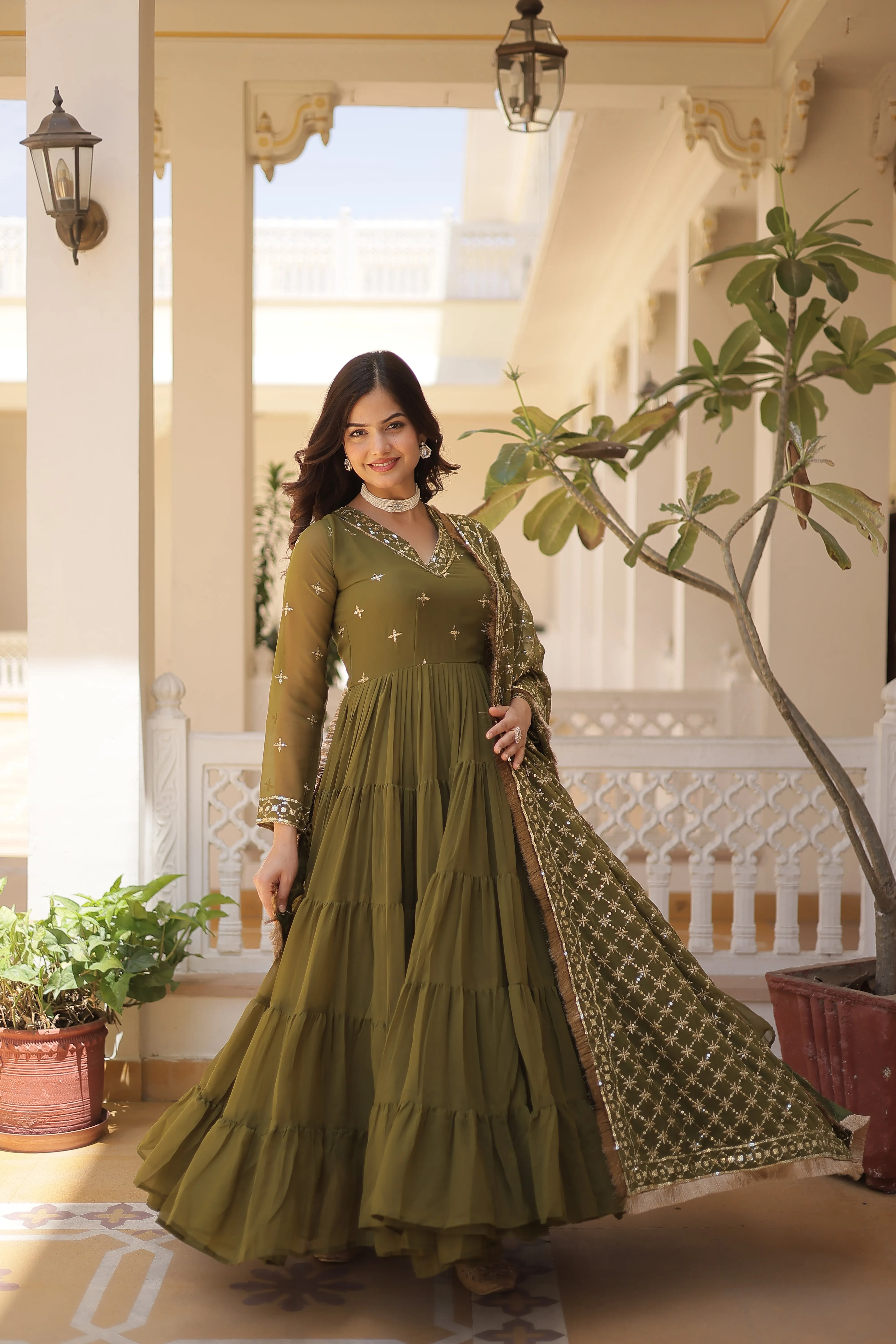 PARTY WEAR WOMEN'S FLARED GOWN WITH SEQUINS EMBROIDERED DUPATTA SET
