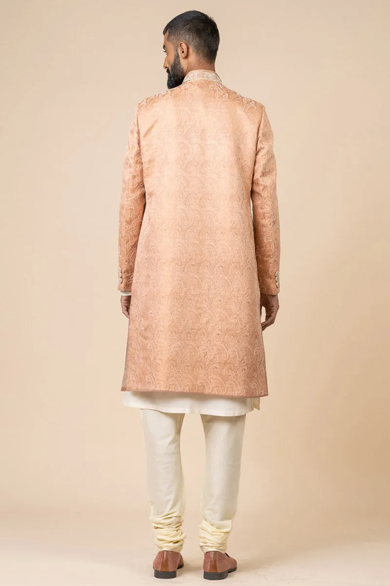 Peach All Over Embroidered Brocade Sherwani