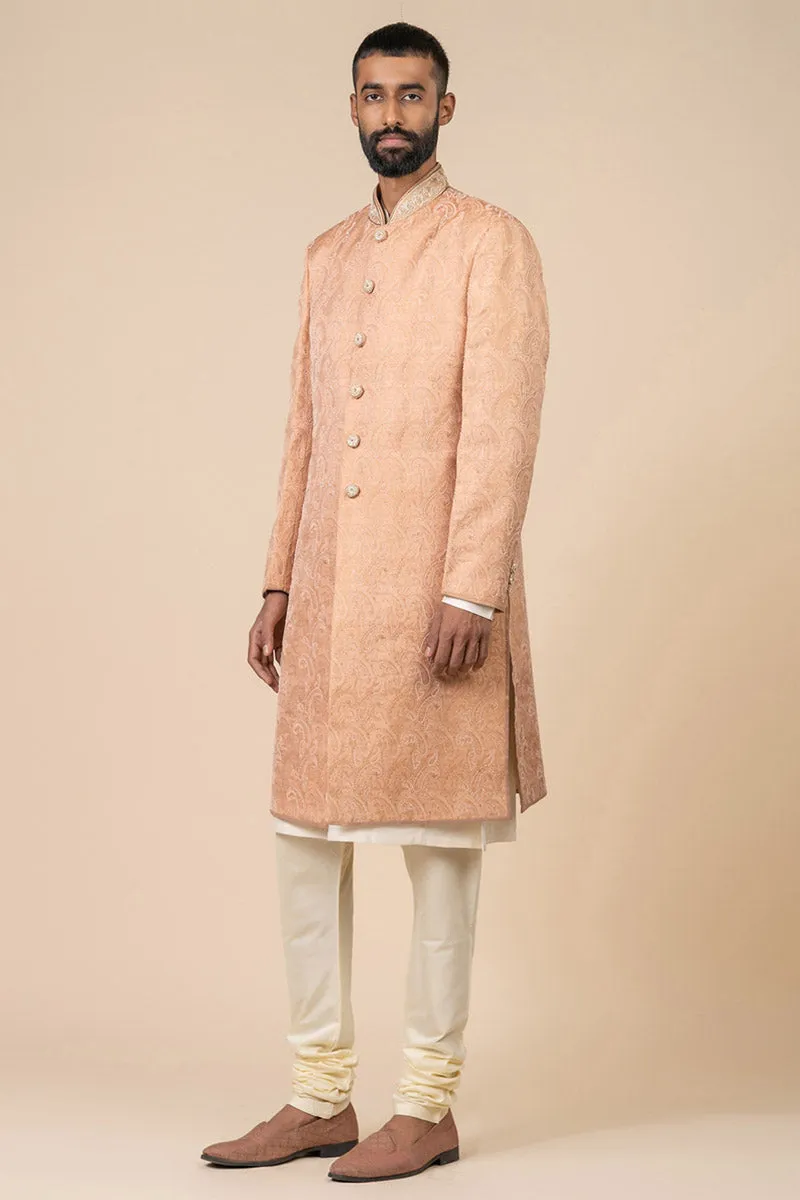 Peach All Over Embroidered Brocade Sherwani