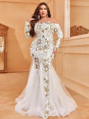 Plus Off Shoulder Long Sleeve Floral Sequin Mermaid Dresses