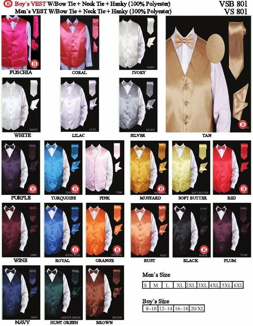Plus Size Men's Satin Vest with Tie, Bow Tie, and Pocket Square