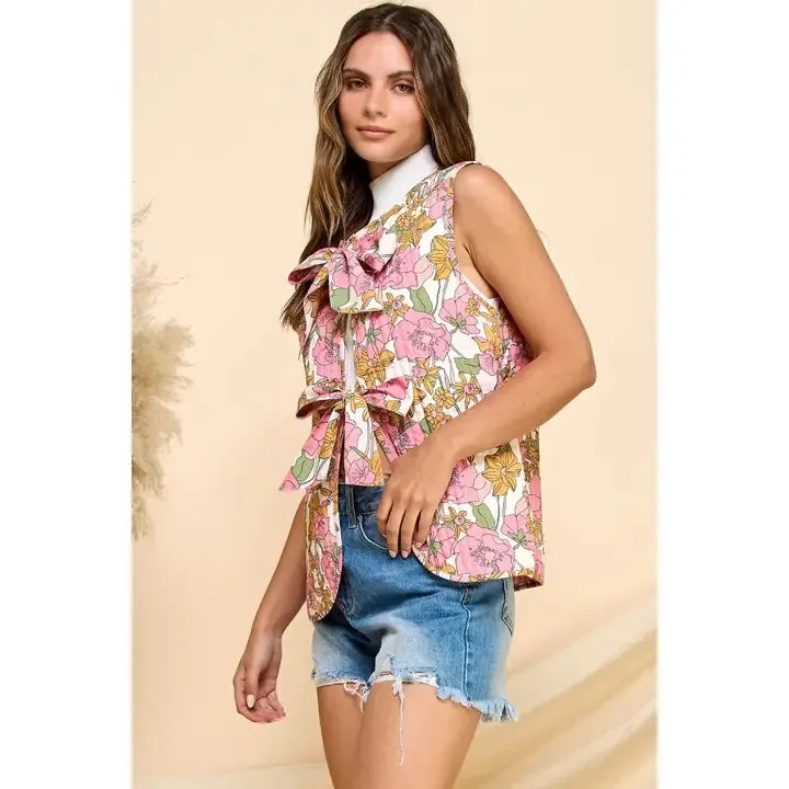 Printed Stripe Quilt Ribbon Tie Vest