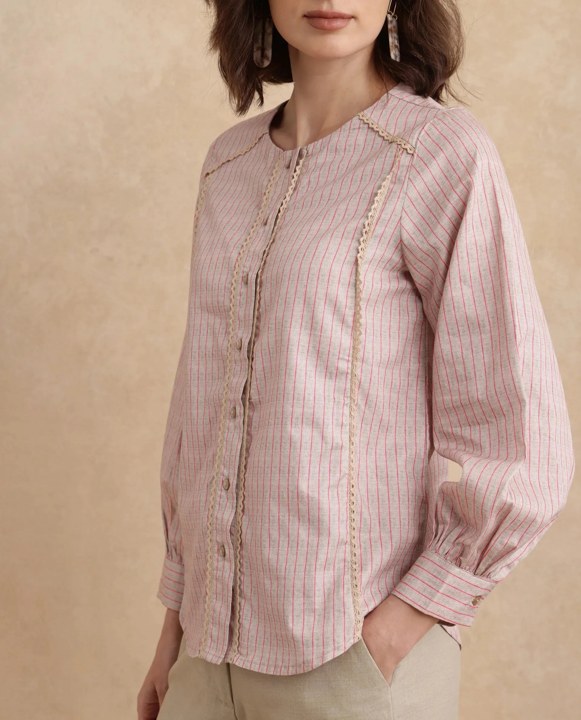 Rareism Women Fotopo Light Pink Bishop Sleeves Mandarin Collar Regular Fit Flannel Print Shirt