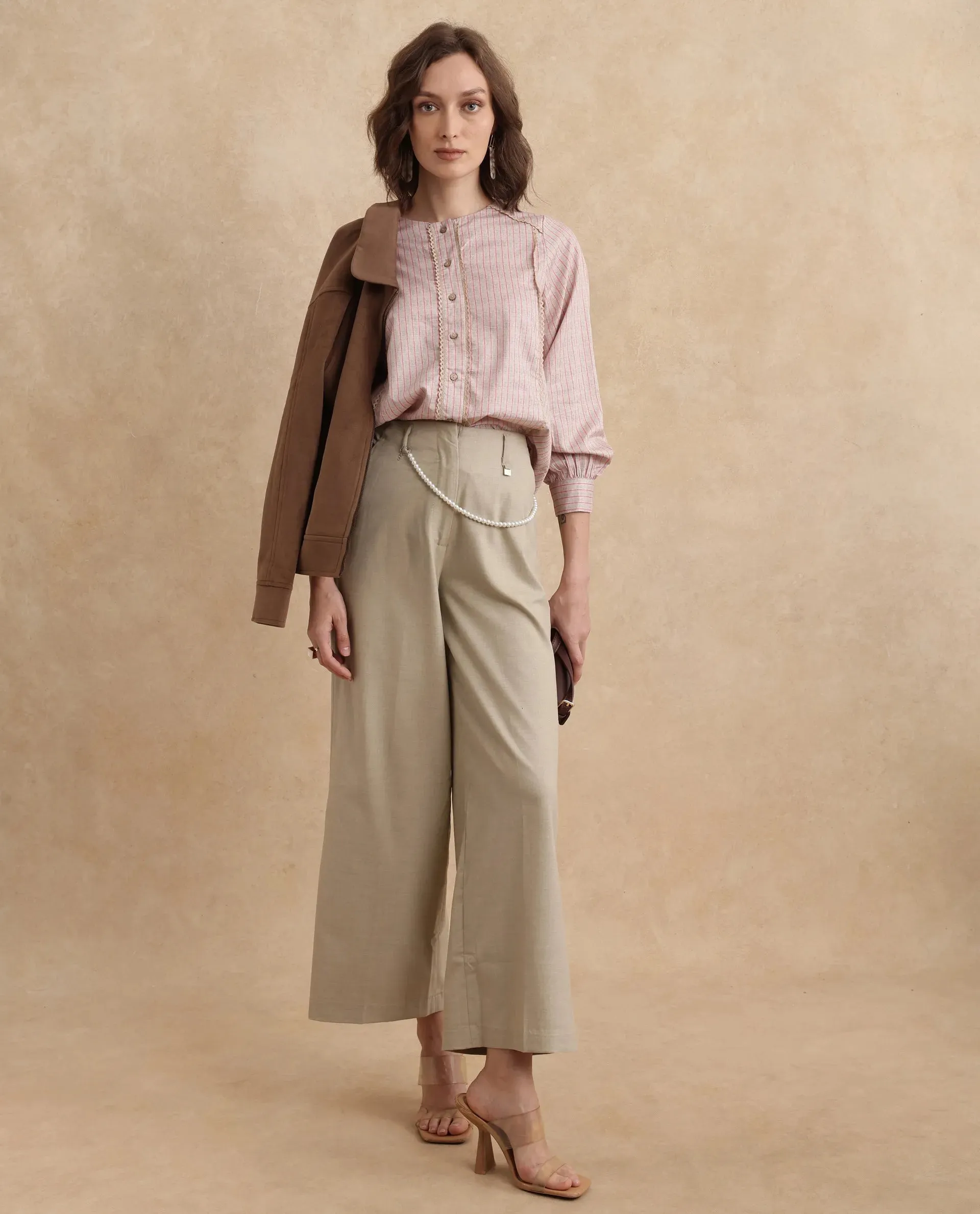 Rareism Women Fotopo Light Pink Bishop Sleeves Mandarin Collar Regular Fit Flannel Print Shirt
