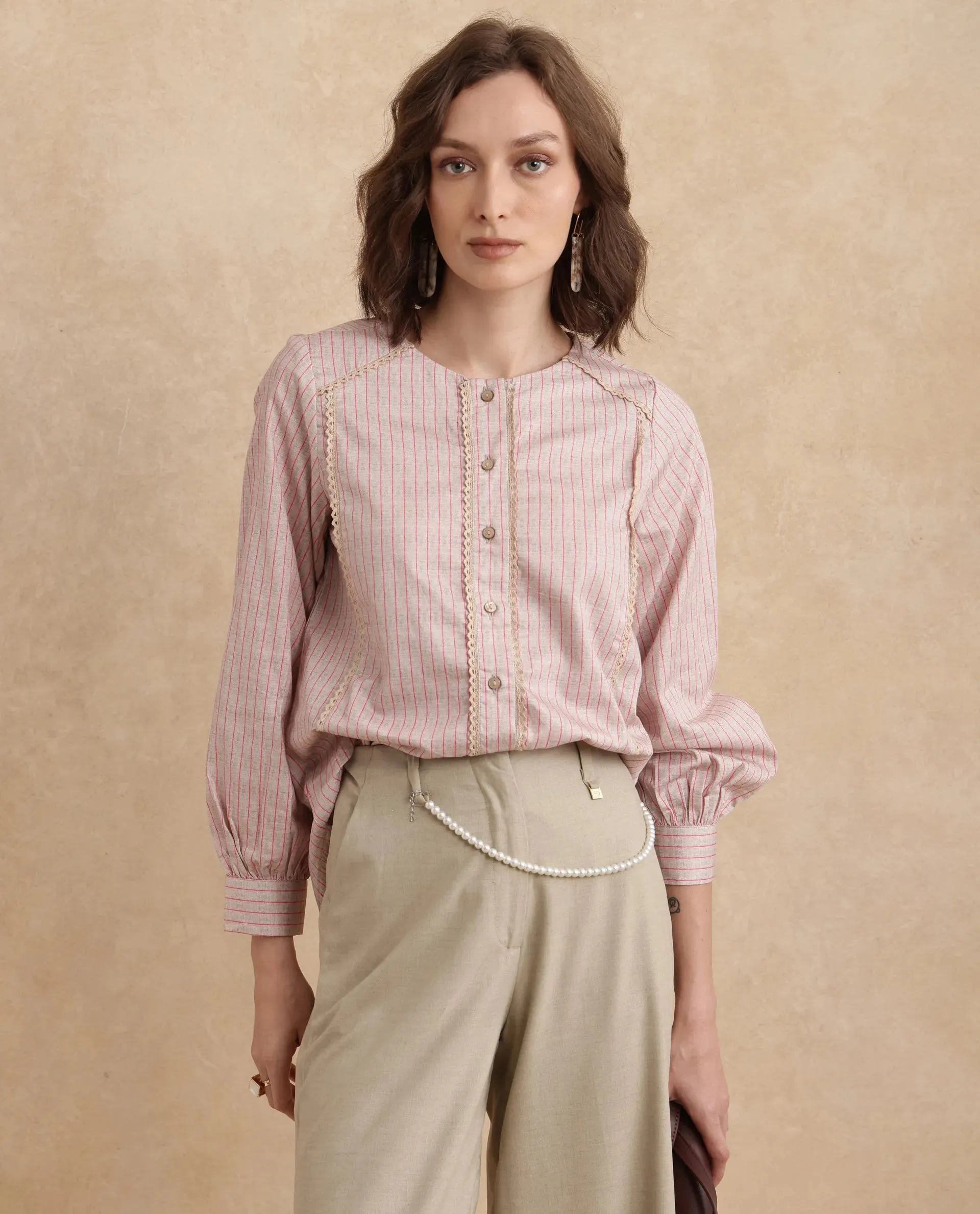 Rareism Women Fotopo Light Pink Bishop Sleeves Mandarin Collar Regular Fit Flannel Print Shirt