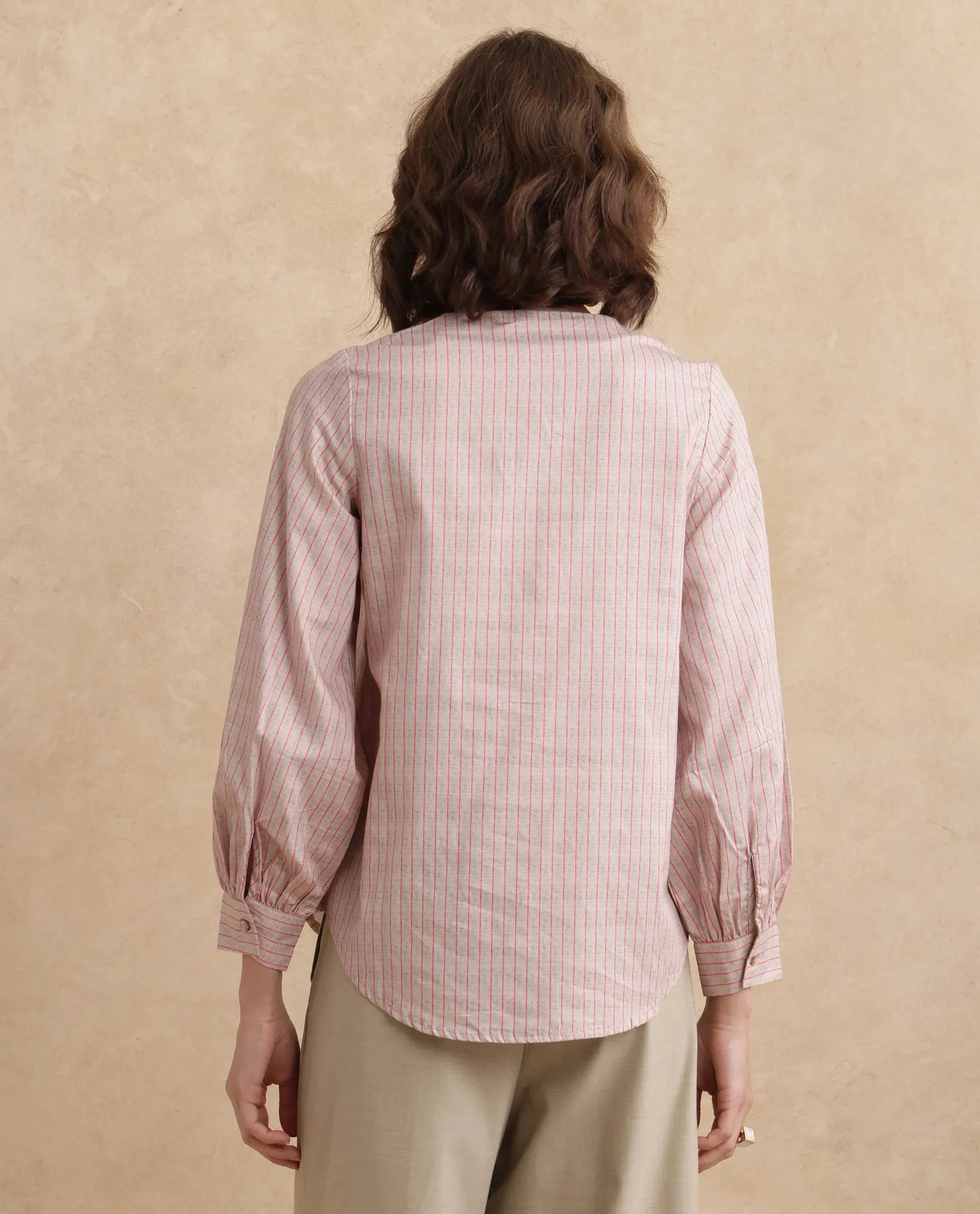 Rareism Women Fotopo Light Pink Bishop Sleeves Mandarin Collar Regular Fit Flannel Print Shirt