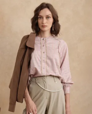 Rareism Women Fotopo Light Pink Bishop Sleeves Mandarin Collar Regular Fit Flannel Print Shirt