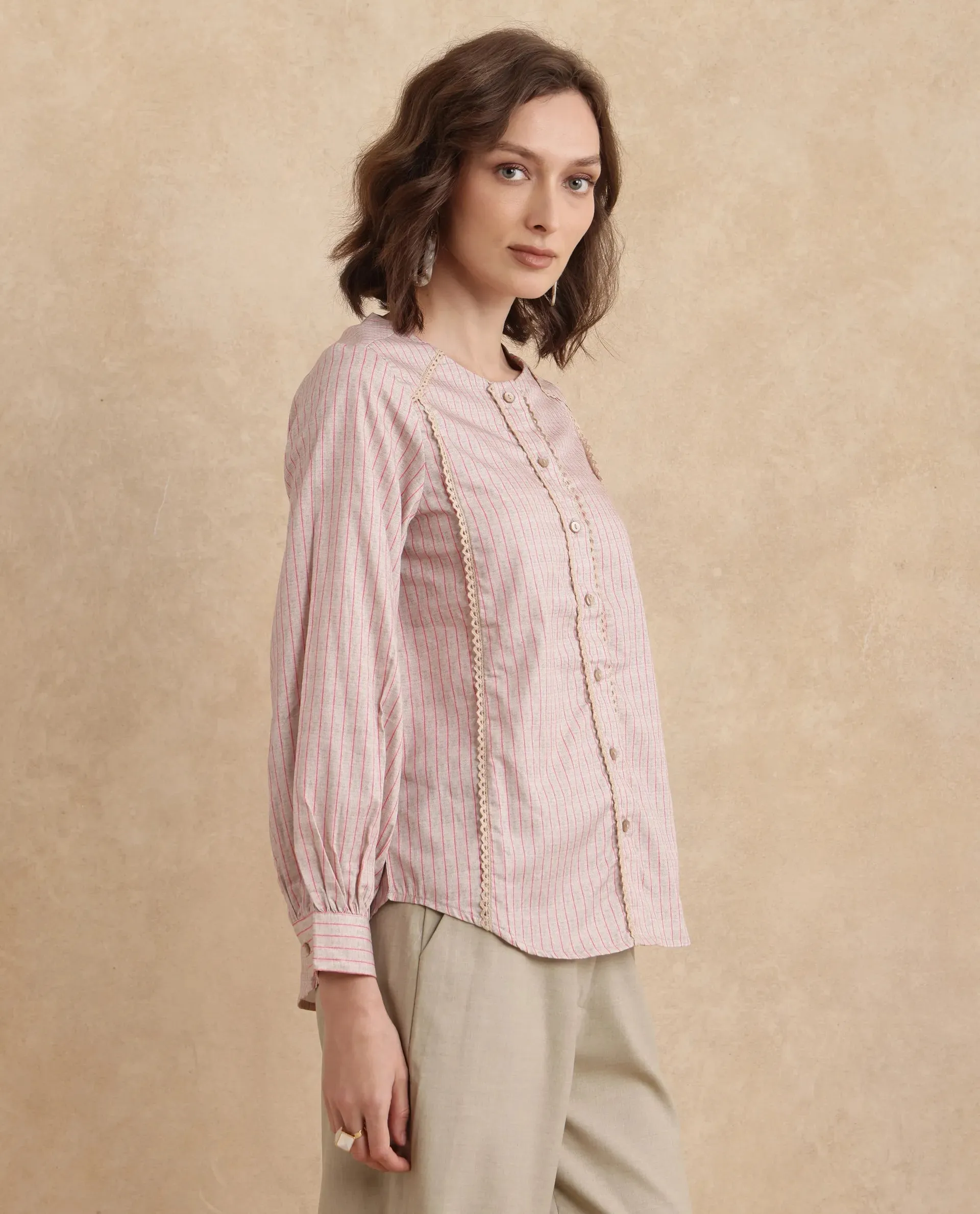 Rareism Women Fotopo Light Pink Bishop Sleeves Mandarin Collar Regular Fit Flannel Print Shirt