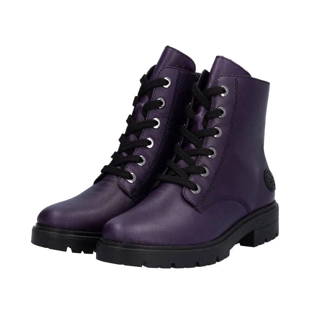 Rieker Z2841-30 Ladies Aubergine Purple Leather Zip & Lace Ankle Boots