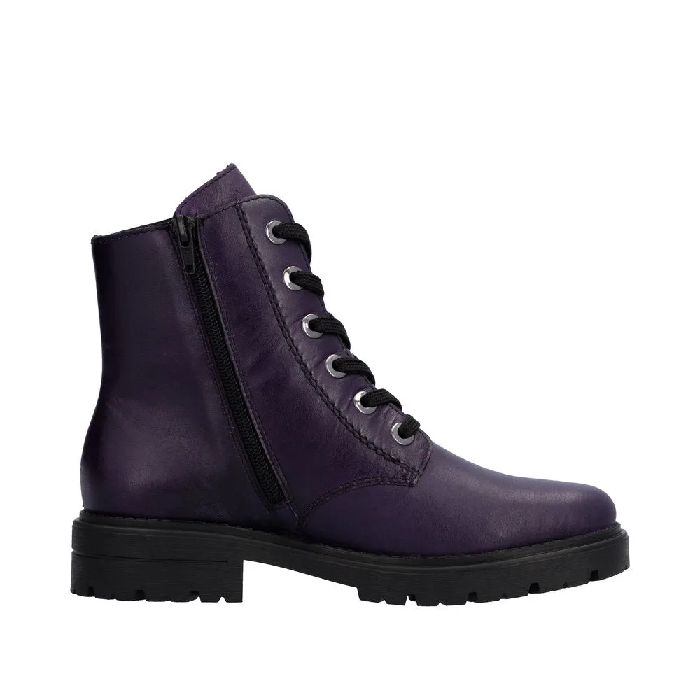 Rieker Z2841-30 Ladies Aubergine Purple Leather Zip & Lace Ankle Boots