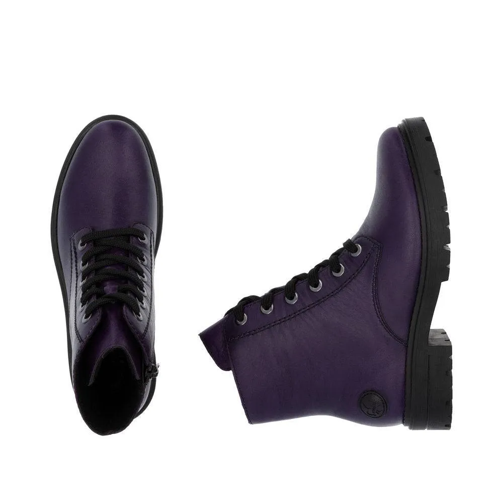 Rieker Z2841-30 Ladies Aubergine Purple Leather Zip & Lace Ankle Boots