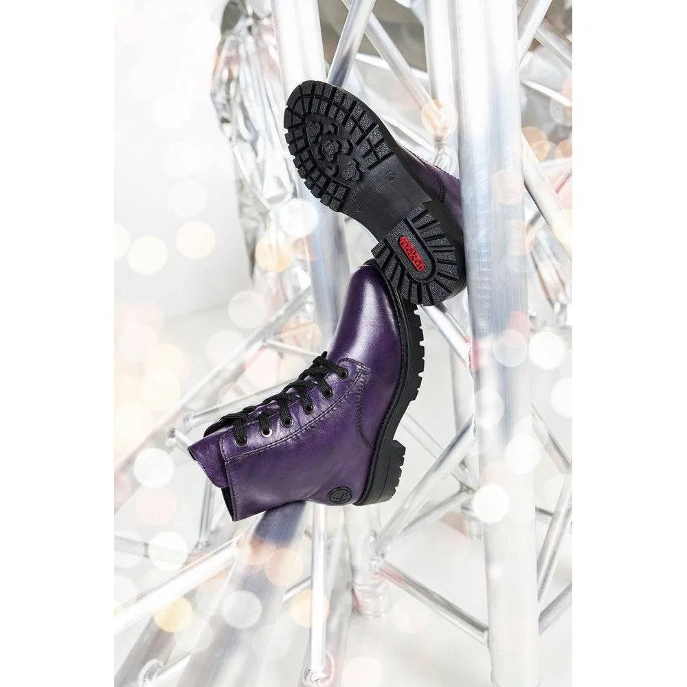 Rieker Z2841-30 Ladies Aubergine Purple Leather Zip & Lace Ankle Boots