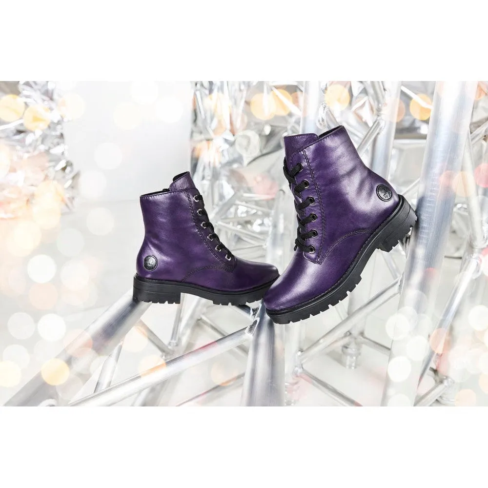 Rieker Z2841-30 Ladies Aubergine Purple Leather Zip & Lace Ankle Boots