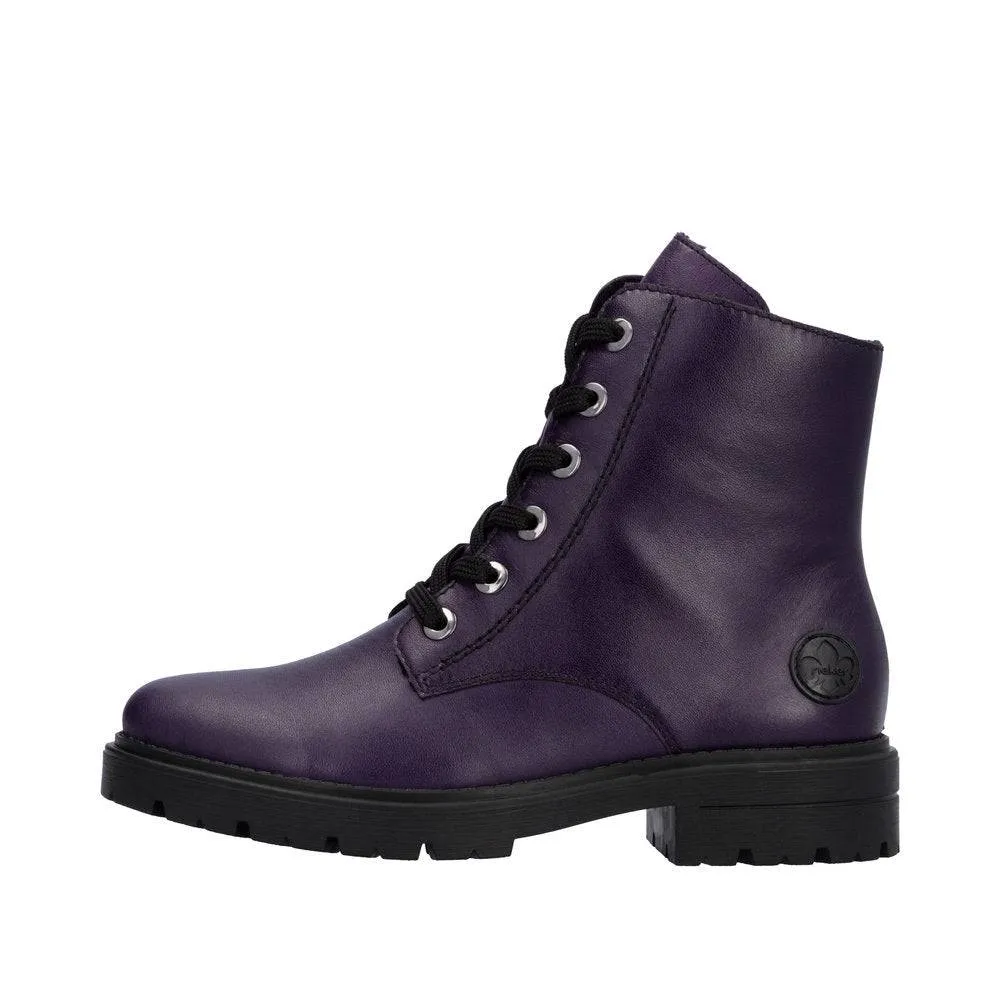 Rieker Z2841-30 Ladies Aubergine Purple Leather Zip & Lace Ankle Boots