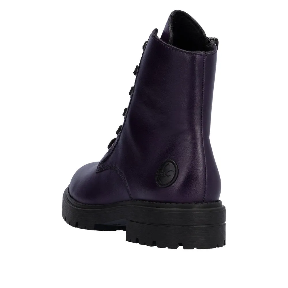Rieker Z2841-30 Ladies Aubergine Purple Leather Zip & Lace Ankle Boots