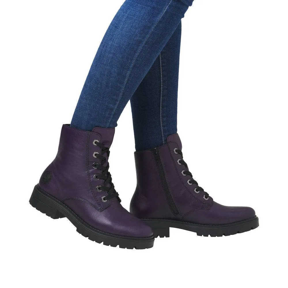 Rieker Z2841-30 Ladies Aubergine Purple Leather Zip & Lace Ankle Boots