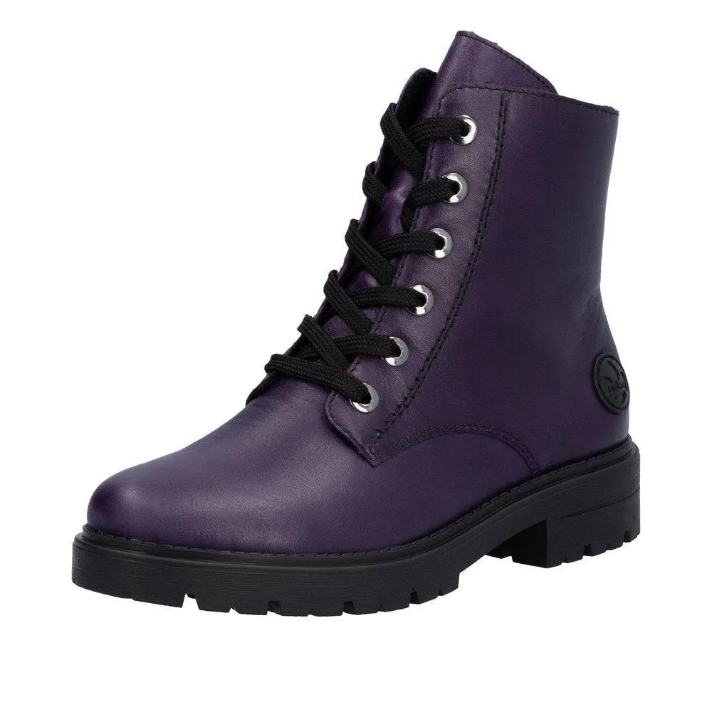 Rieker Z2841-30 Ladies Aubergine Purple Leather Zip & Lace Ankle Boots