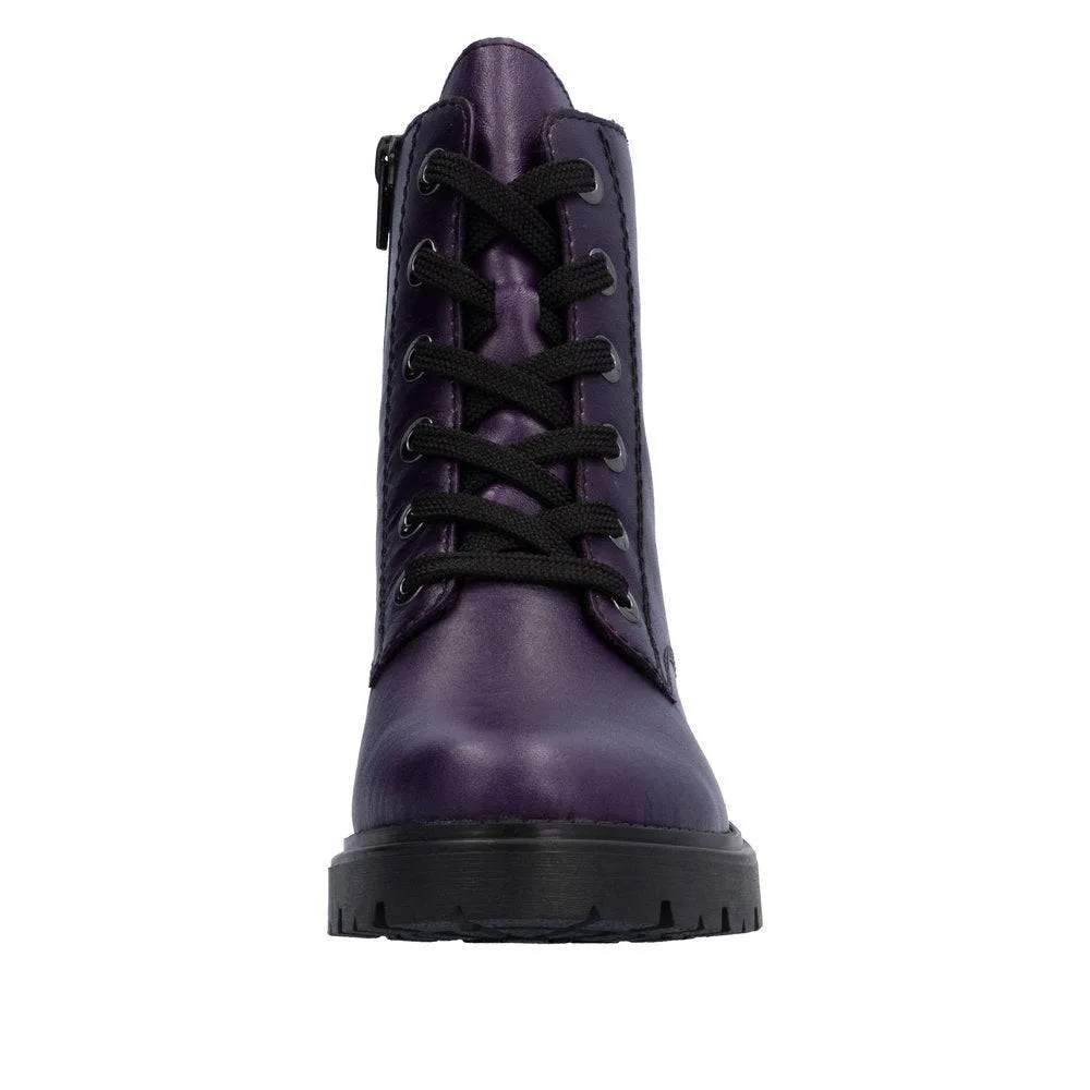 Rieker Z2841-30 Ladies Aubergine Purple Leather Zip & Lace Ankle Boots