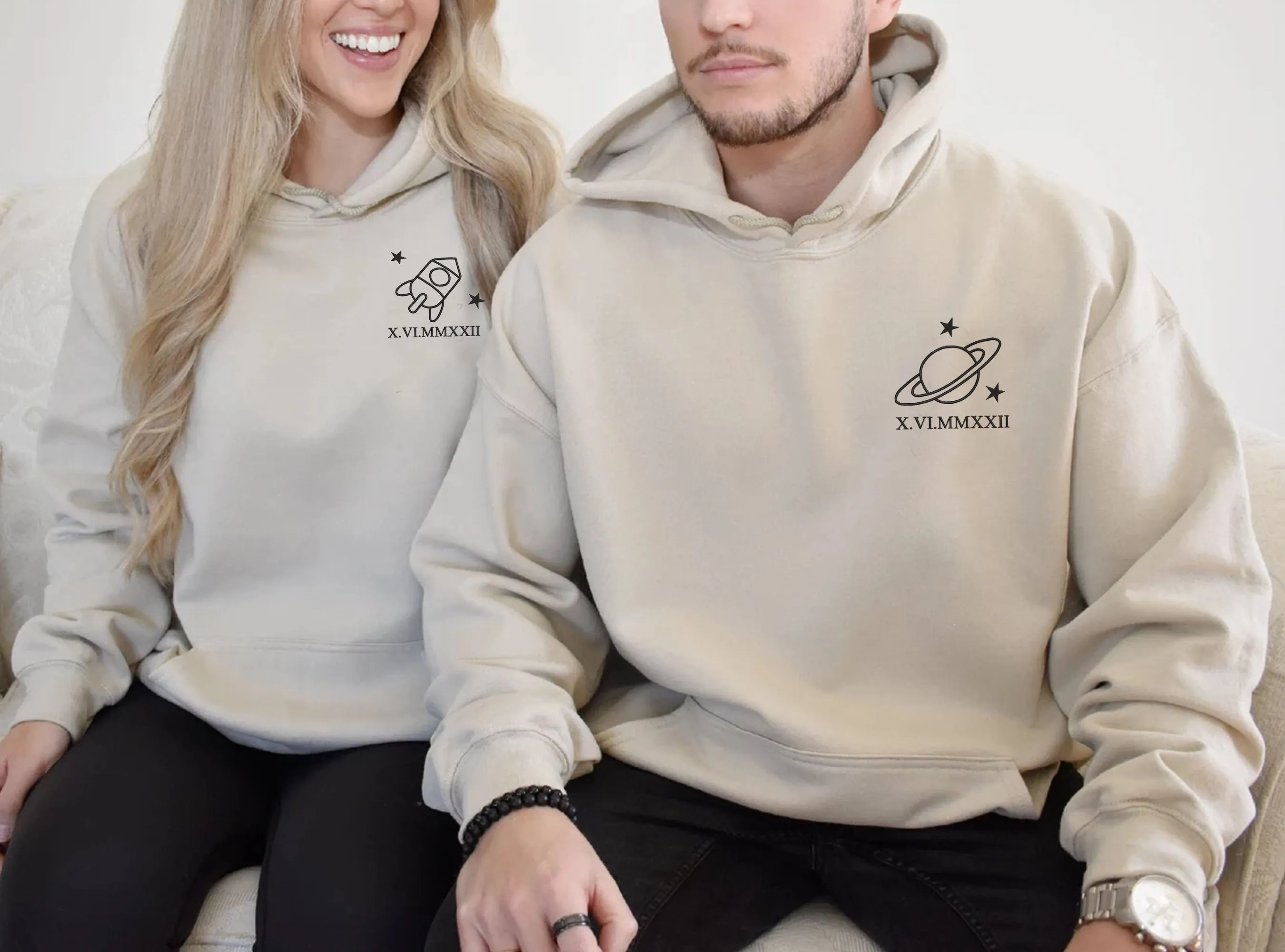 Rocket And Moon Embroidered Sweatshirt, Matching Couple Sweatshirt Embroidered Roman Numeral Birthdate Hoodie Anniversary Date Couples Gifts