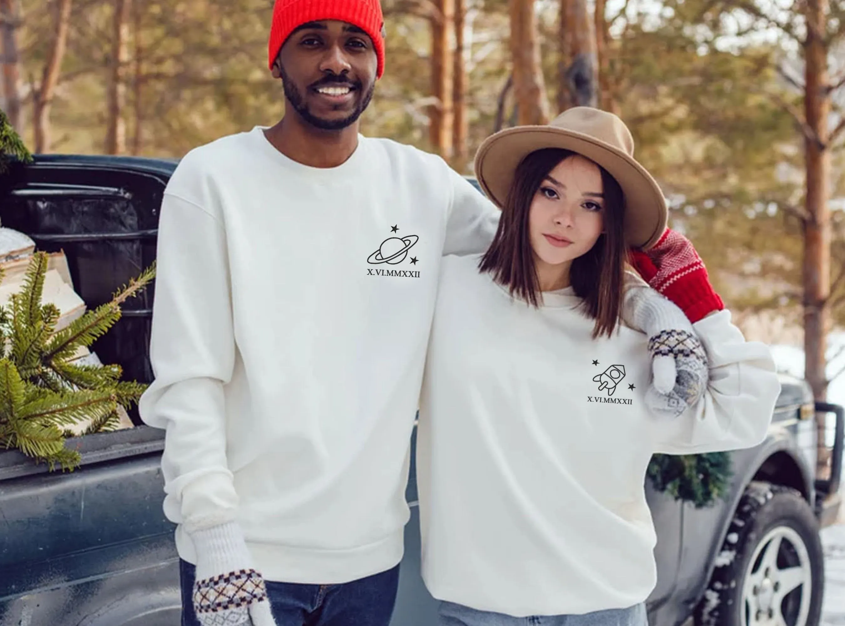 Rocket And Moon Embroidered Sweatshirt, Matching Couple Sweatshirt Embroidered Roman Numeral Birthdate Hoodie Anniversary Date Couples Gifts