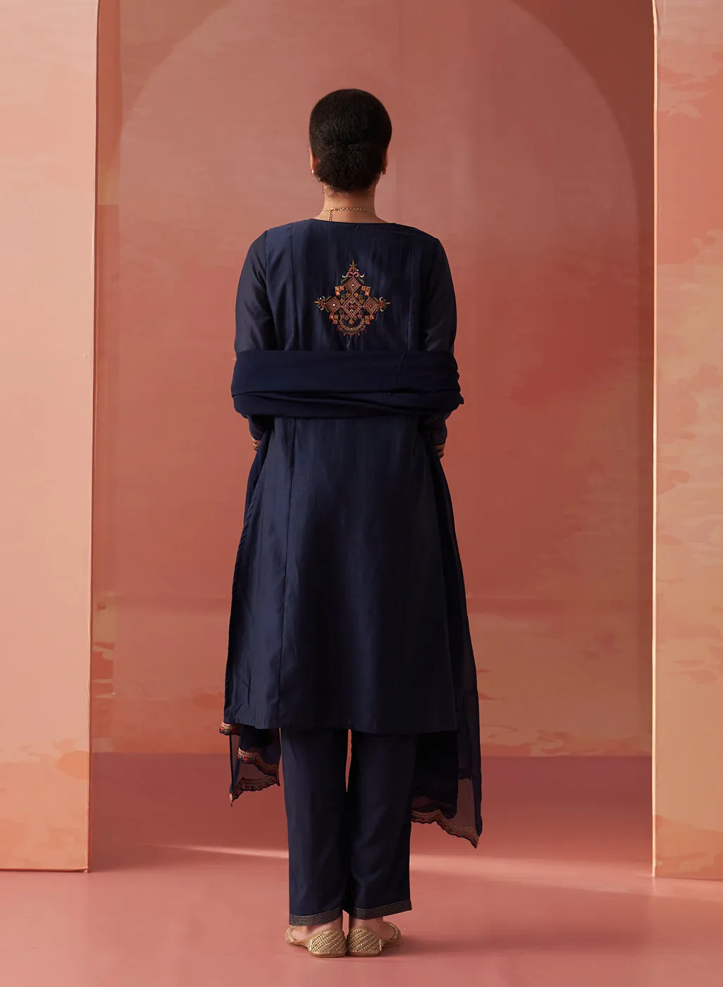 Shirin Navy Blue Chanderi Embroidered Kurta Set for Women