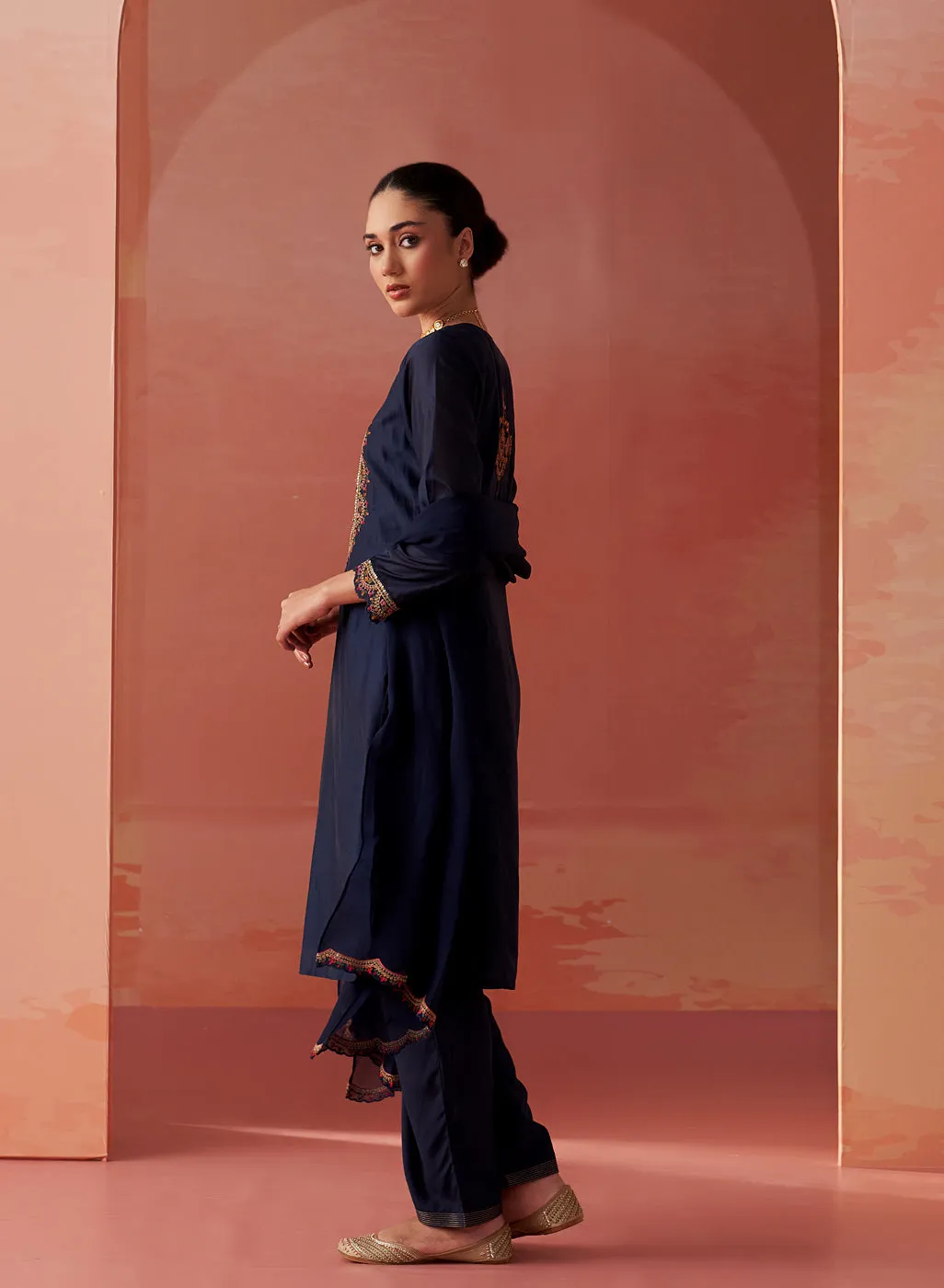 Shirin Navy Blue Chanderi Embroidered Kurta Set for Women