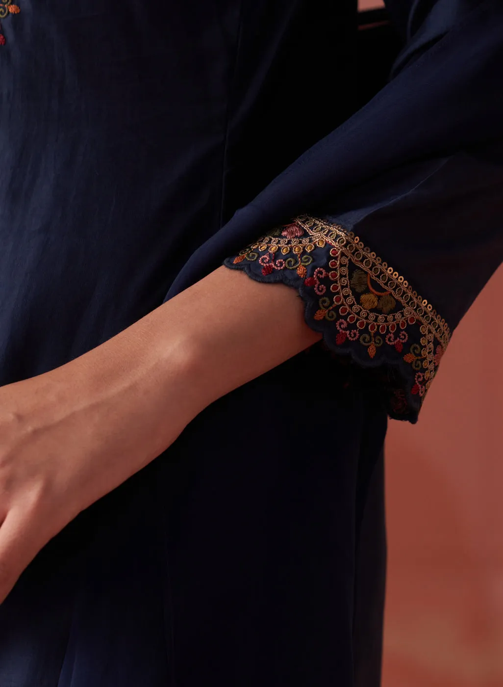 Shirin Navy Blue Chanderi Embroidered Kurta Set for Women