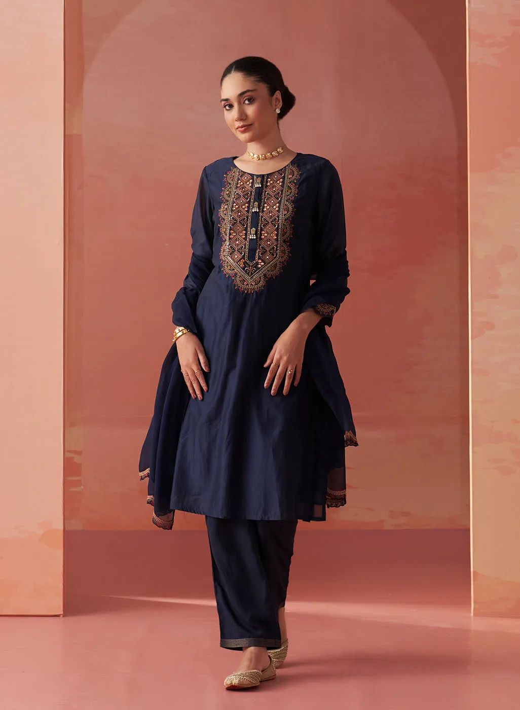 Shirin Navy Blue Chanderi Embroidered Kurta Set for Women