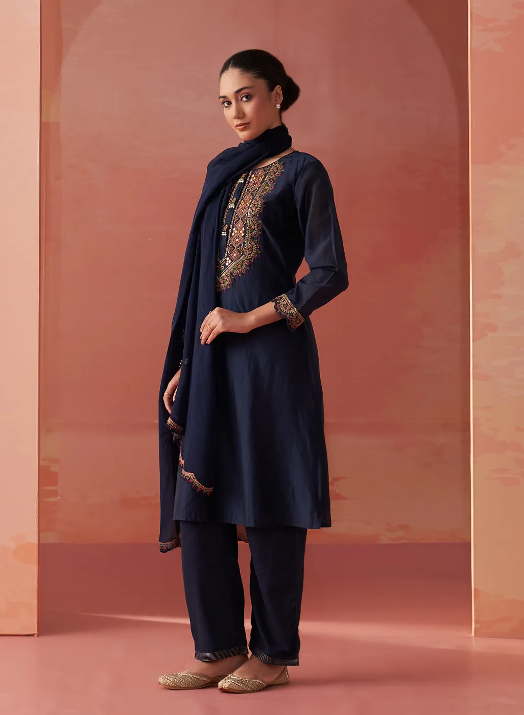 Shirin Navy Blue Chanderi Embroidered Kurta Set for Women