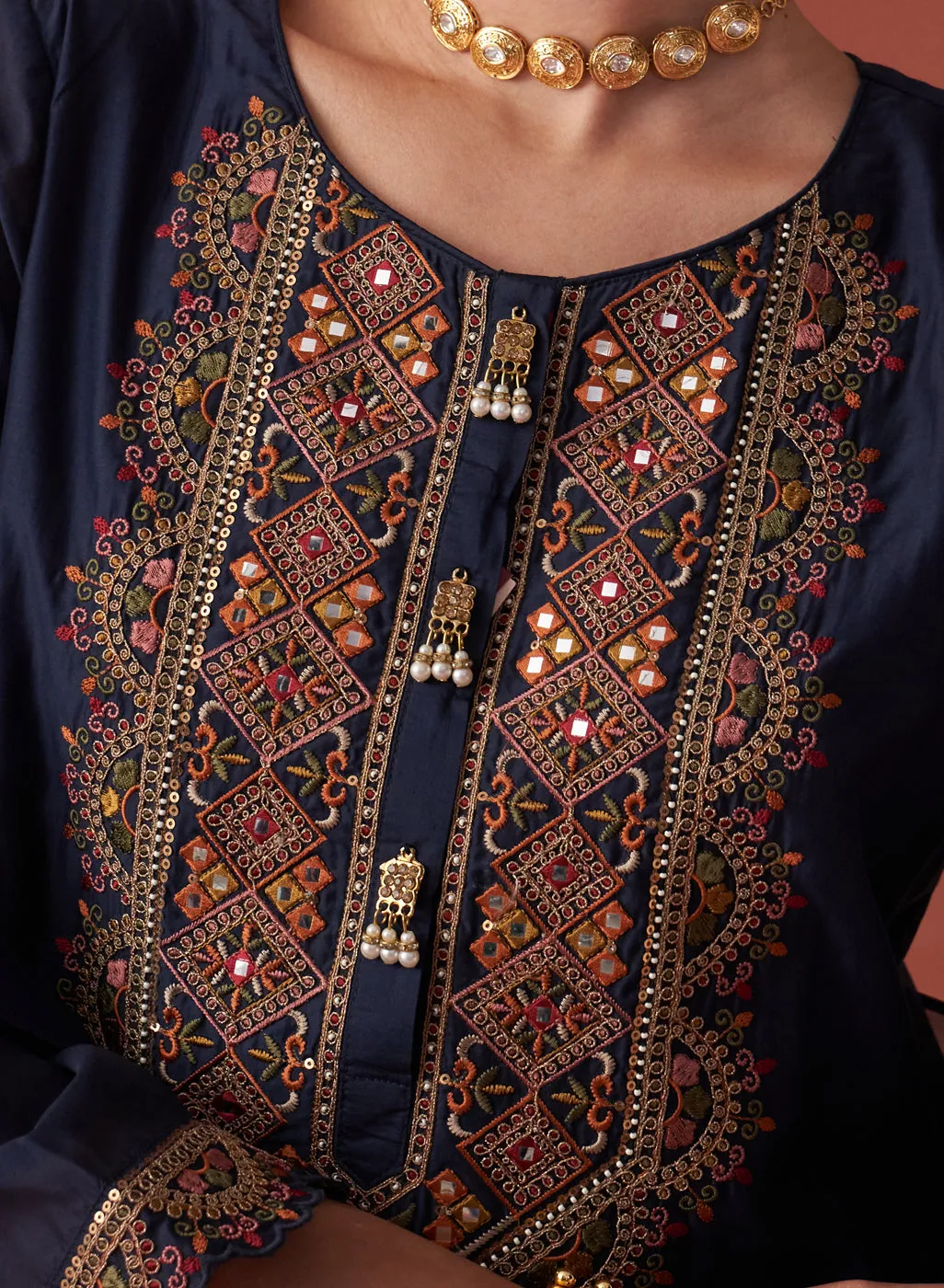 Shirin Navy Blue Chanderi Embroidered Kurta Set for Women