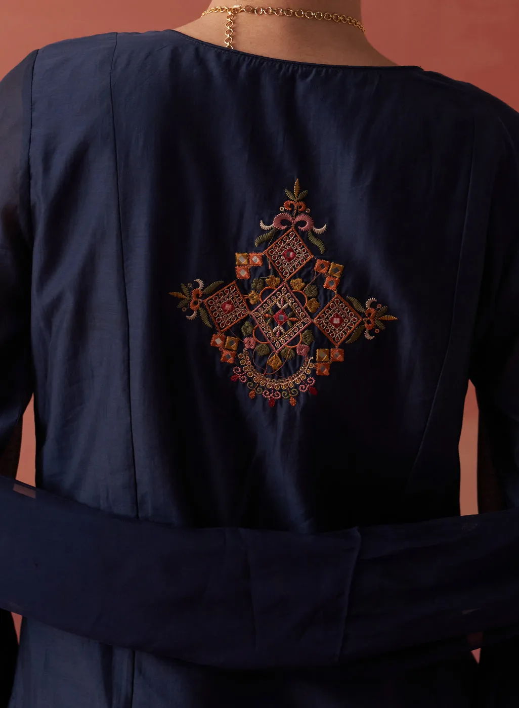 Shirin Navy Blue Chanderi Embroidered Kurta Set for Women