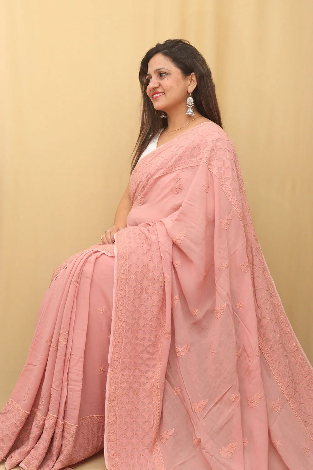 Shop Pink Chikankari Georgette Saree Online