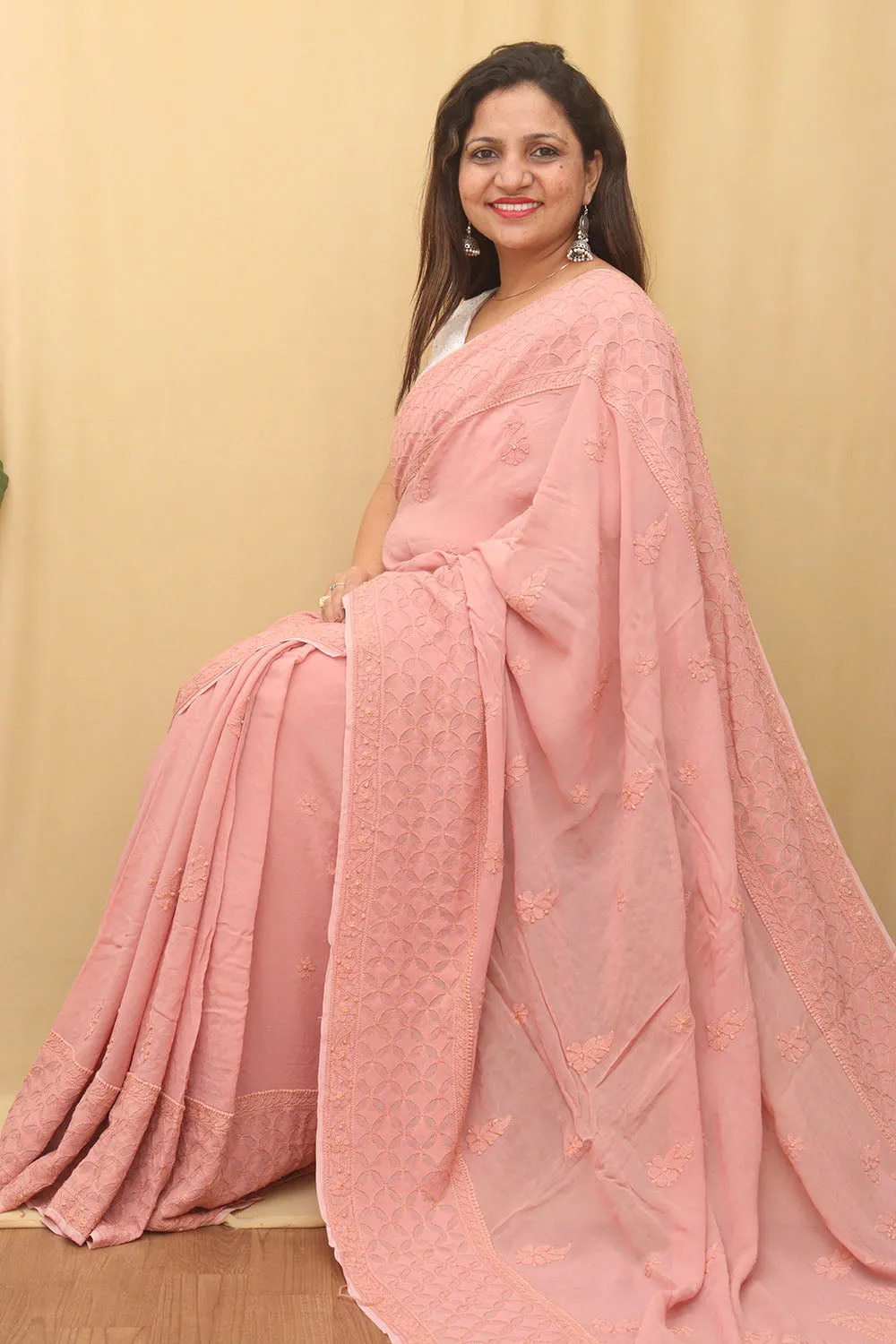 Shop Pink Chikankari Georgette Saree Online