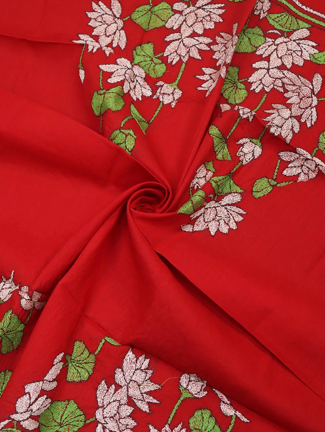 Shop Red Embroidered Kantha Cotton Blouse Fabric - 1 Mtr
