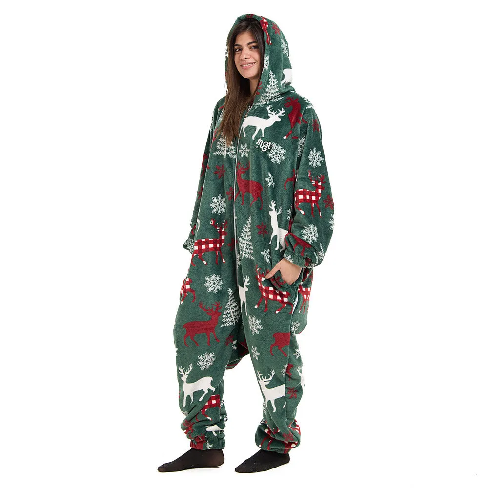 Snuggs Blanket Onesie Green Christmas Deer