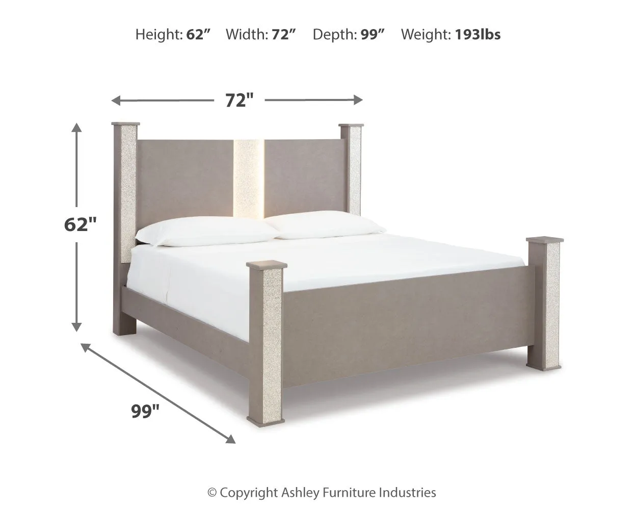 Surancha Queen Poster Bed with Mirrored Dresser and 2 Nightstands in Gray