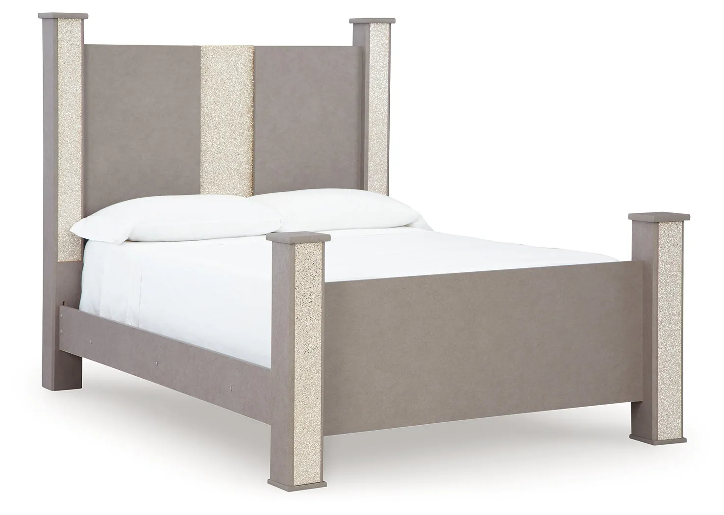 Surancha Queen Poster Bed with Mirrored Dresser and 2 Nightstands in Gray