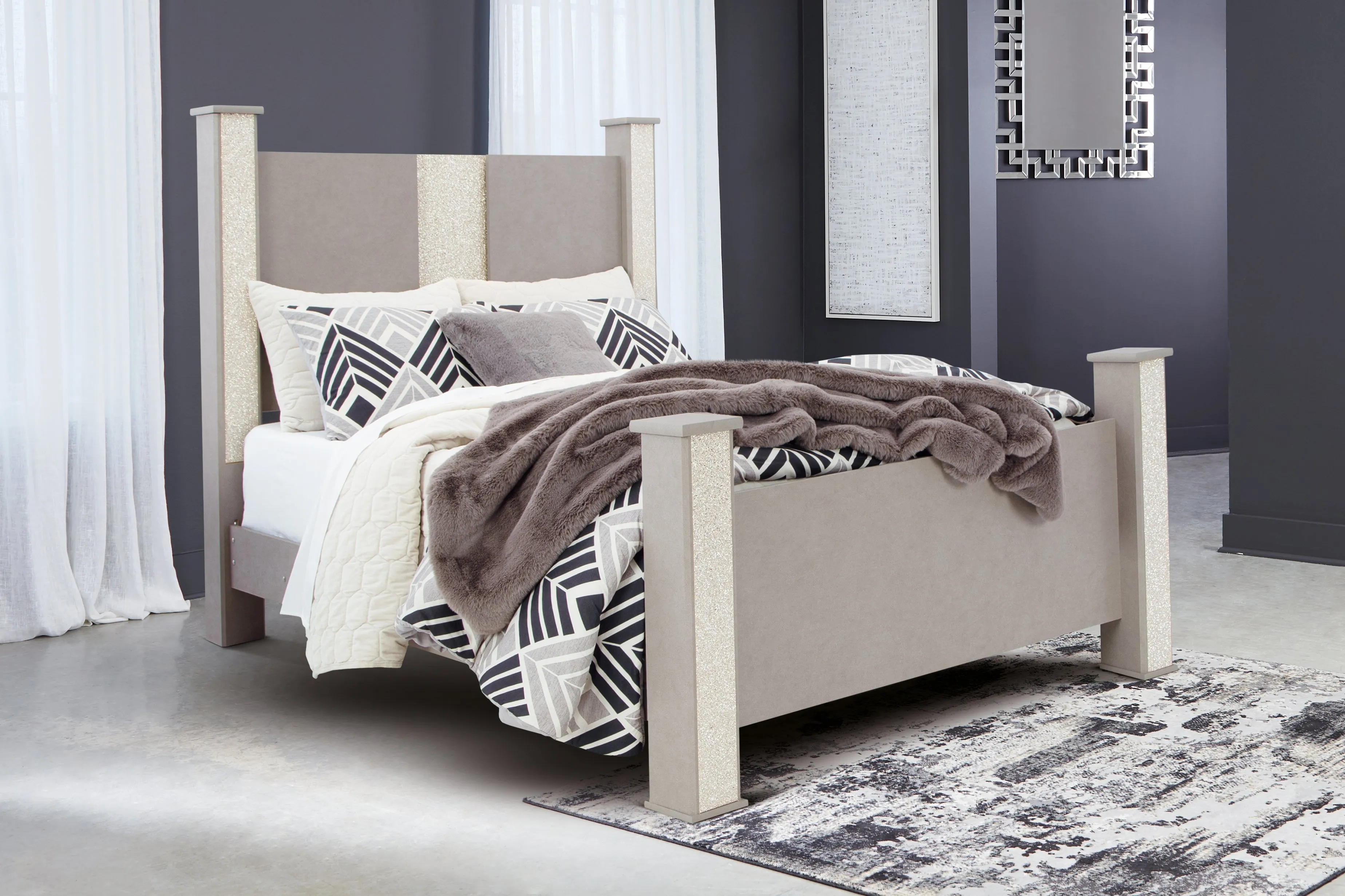 Surancha Queen Poster Bed with Mirrored Dresser and 2 Nightstands in Gray