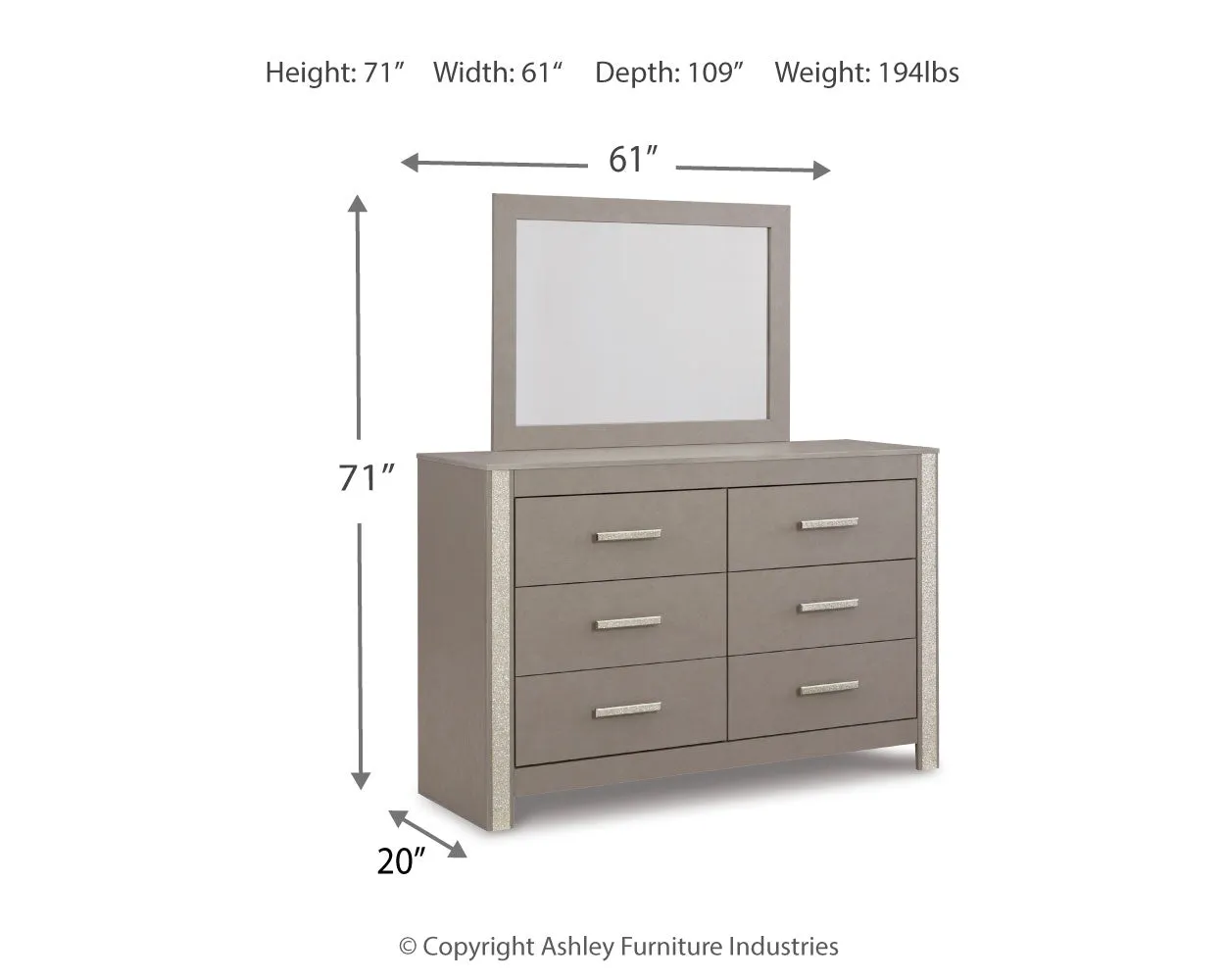 Surancha Queen Poster Bed with Mirrored Dresser and 2 Nightstands in Gray