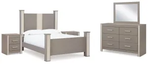 Surancha Queen Poster Bed with Mirrored Dresser and 2 Nightstands in Gray