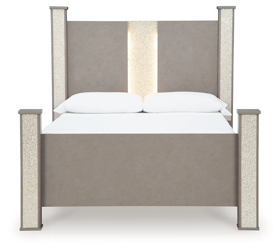 Surancha Queen Poster Bed with Mirrored Dresser and 2 Nightstands in Gray